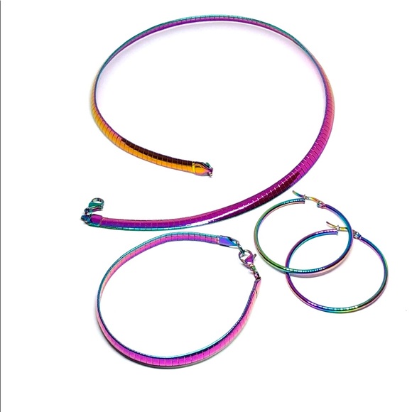 Multi-Color Stainless Steel Omega Necklace Bracelet & Earrings Set - Picture 2 of 7